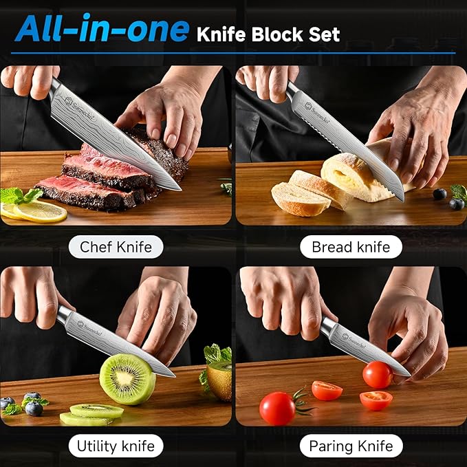 Sunnecko Knife Set with Block and Sharpener, 15 PCS Kitchen Knife Block Set Sharp Kitchen Knives High Carbon Stainless Steel with Black Handles