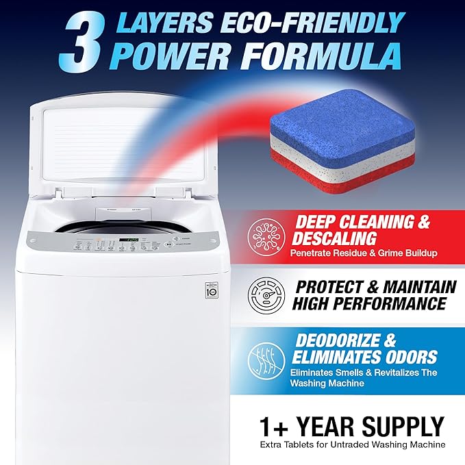 Washing Machine Cleaner Tablets 28 Pack for HE Top Load - Eco Friendly Washer Machine Cleaning Tablets - 3 Layers Septic Safe Wash Machine Full Deodorizer Descaler Protector - 1 Plus Year Supply