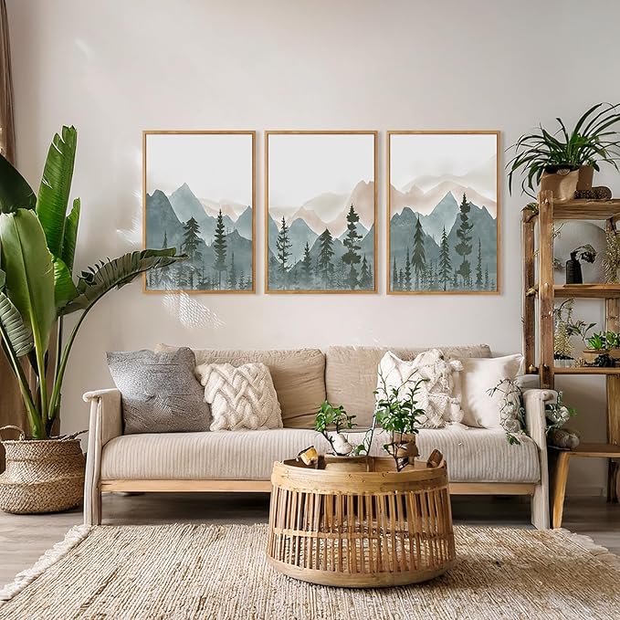 CHDITB Mountain Framed Wall Art Set Of 3,Mountains Woodland Artwork Foggy Forest Wall Decor, Pine Trees Wall Painting,Watercolor Nature Art Prints For Bedroom Living Room Decor(12X16 Inch)