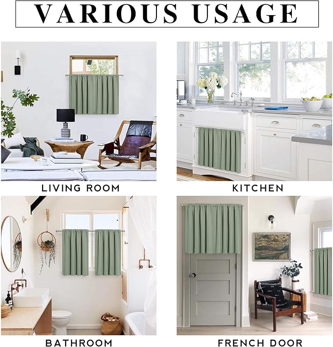 RYB HOME Living Room Curtains Blackout - Light Block Energy Efficiency Small Window Treatment Drapes for Kitchen Dining Baby Nursery Farmhouse Decor, W 42 x L 72 inch, Sea Green, 2 Panels