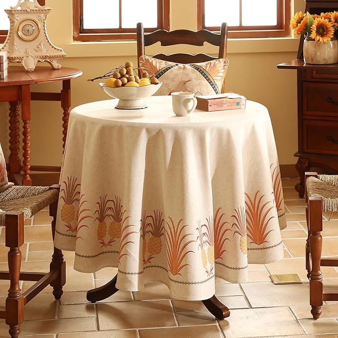 patdrea Designer Vintage Round Tablecloth,Pineapple Pattern Linen Tropical Style Tablecloths,Fall Decor Table Cover for Kitchen Dining Christmas,Thanksgiving,Tea Party,Diameter 55"-Pineapple B