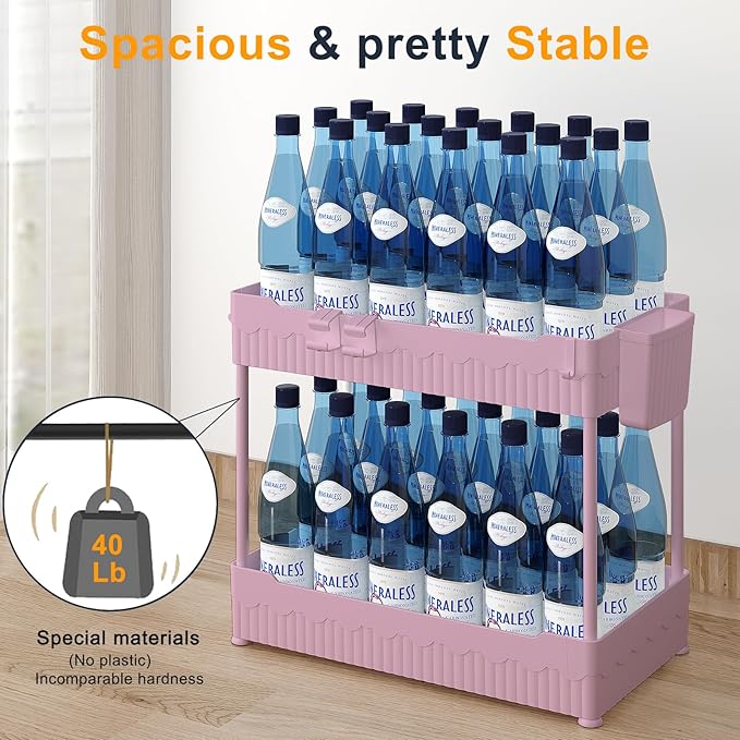 2 Pack Under Sink Organizer, Under Bathroom Cabinet Organizer with Hooks Hanging Cup, Multi-Purpose Storage Shelf for Kitchen Bathroom (Pink, XL)