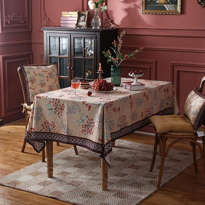 patdrea Designer Linen Small Rectangular Table Cloth,French Vintage Red Floral Tablecloth,Breathable Dacorative Cover for Kitchen Dining,Tea Party,Christmas,Thanksgiving,Holiday,55"x71"-Newmari