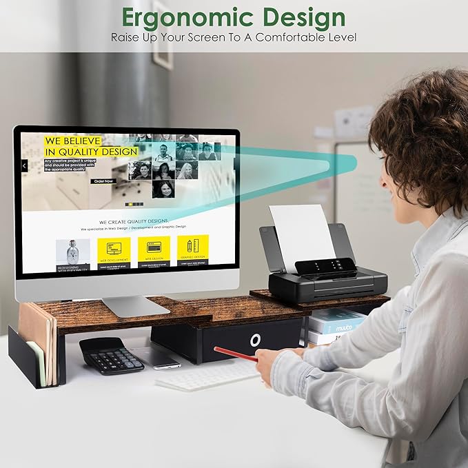 Dual Monitor Stand Riser With Drawer, Office Desk Organizers and Accessories, Computer Riser for 2 Monitors, Shelf With Adjustable Length & Angle