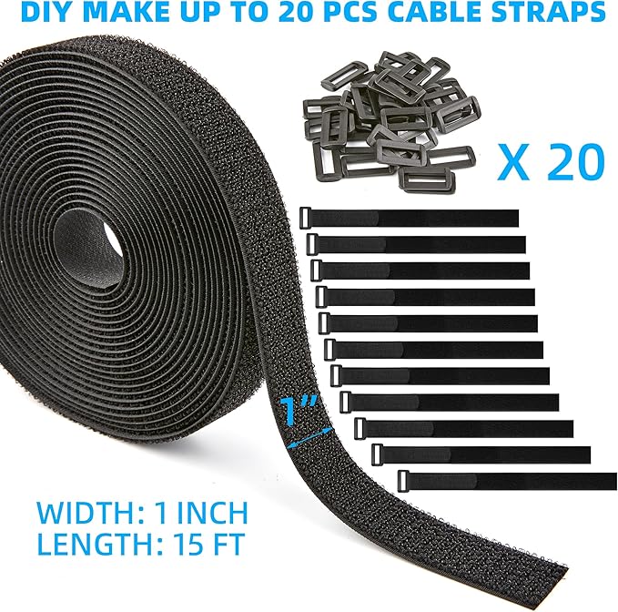 1" x 15ft Nylon Hook and Loop Cable Straps Roll with 20 Plastic Buckles - Reusable, Adjustable, Cut-to-Length for Organizing Cords, Wires & Storage Solutions