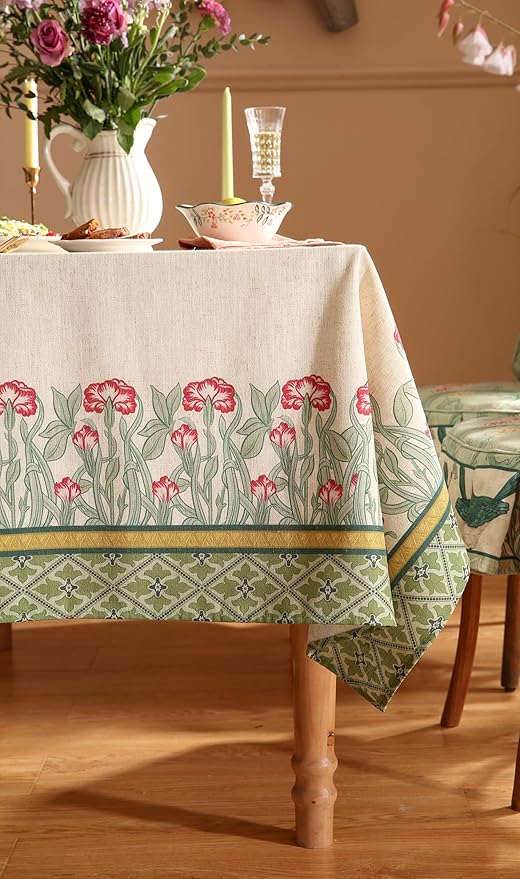 patdrea Designer Vintage Linen Rectangle Table Cloth,Floral Leaves Pattern Anti-Wrinkle Green Tablecloth,Decor Table Cover for Kitchen Dining Christmas,Party,Thanksgiving,63"x87"-Cecilia D
