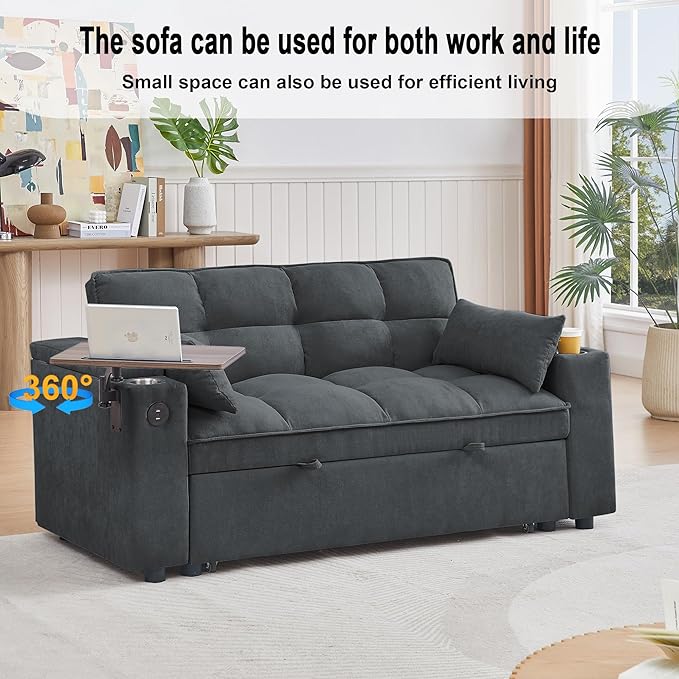 65'' Convertible Sleeper Sofa Bed with Adjustable Backrest, Chaise Lounge, Side Table & USB/Type-C Ports – Stylish & Functional Addition to Any Living Room (Fashion Pink)