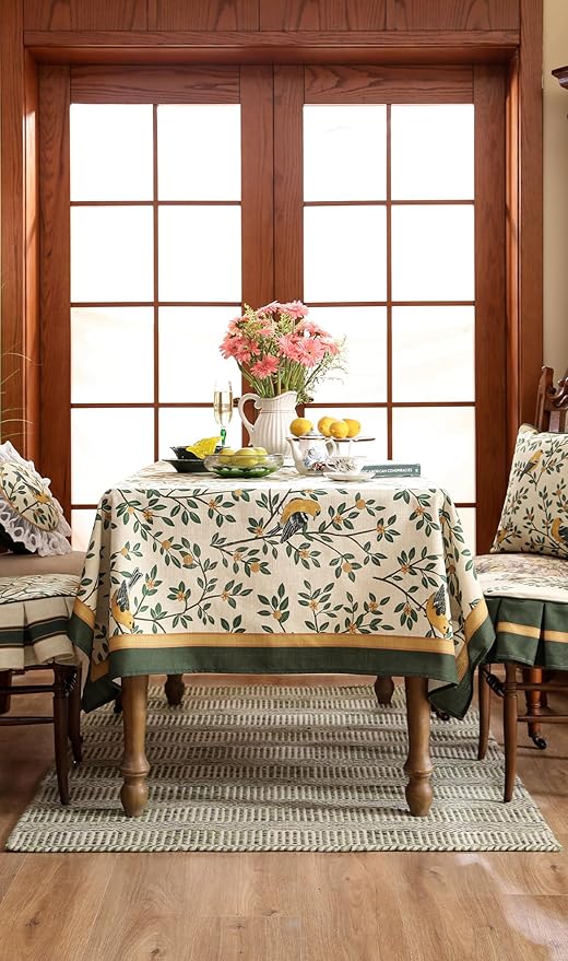 patdrea Designer Vintage French Small Rectangle Table Cloth,Green Linen Yellow Birds and Leaves Pattern Tablecloth,Decor Table Cover Kitchen Dining Christmas,Banquet,Thanksgiving,55"x71"-Warbler