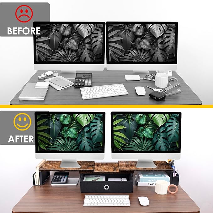 Dual Monitor Stand Riser With Drawer, Office Desk Organizers and Accessories, Computer Riser for 2 Monitors, Shelf With Adjustable Length & Angle