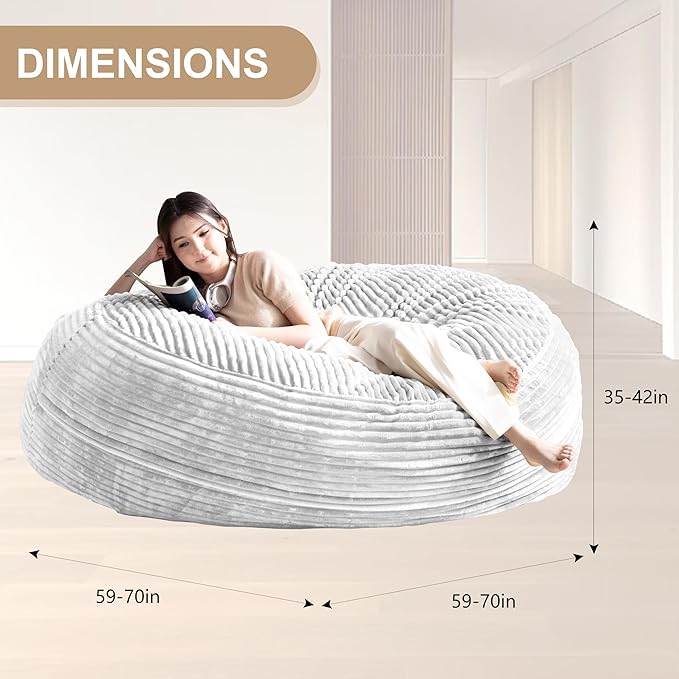 Bean Bag Chair for Adults, Floor Bean Bags Offers Ample Space for Adults,Memory Foam Giant Bean Bags,Lounger Versatile Design Suits Any Room,Movie Nights,Reading (Striped White, 6FT)