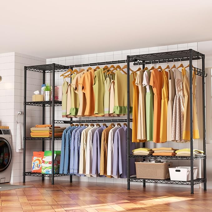Expandable Heavy Duty Garment Rack Clothes Rack,Large Metal Closet Organizer System Storage Wardrobe,Freestanding Clothing Rack with 9 Adjustable Wire Shelves&3 Hang Rods,MaxLoad 1500lbs