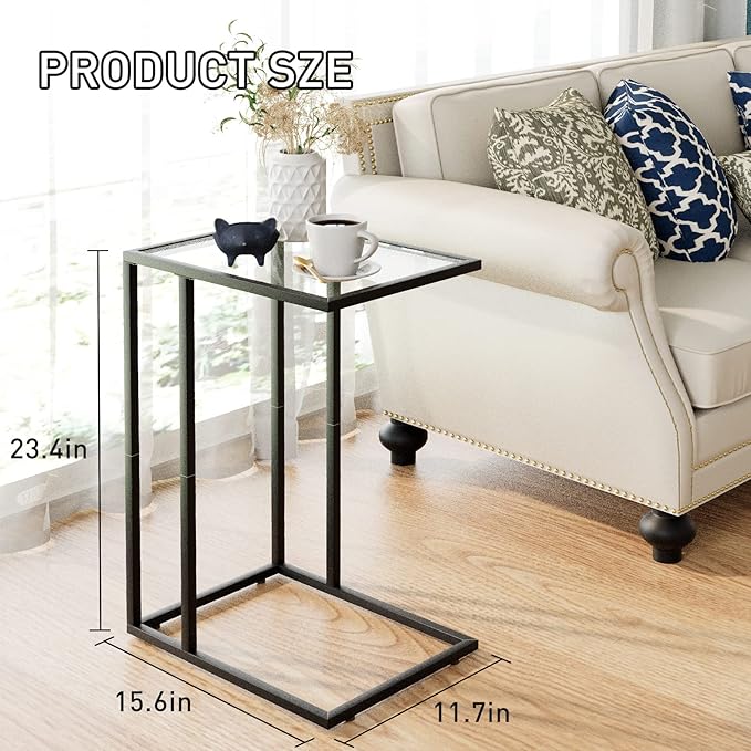 C Shaped End Table Set of 2, Sofa Couch Side Table, Tempered Glass Snack TV Tray Table with Metal Frame for Small Space,Living Room, Bedroom, Bedside,Modern Style, Black,2PCS