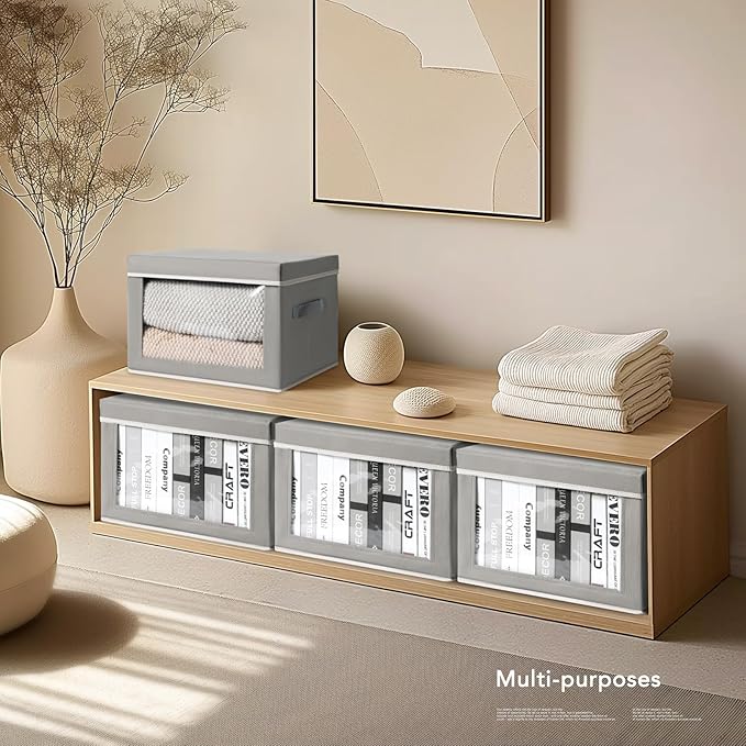 Large Storage Baskets with Lids - Stackable Cube Bins for Closet, 6 Pack Grey Windows Organizer Bins, Home Organizers and Storage for Clothes, CD, Towels