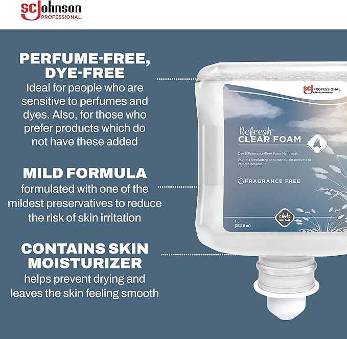 SC Johnson Professional Clear FOAM Dispenser and Refill Starter Kit, Wall Mount Soap Dispenser for Hand Soap, 1 Refresh Clear FOAM Hand Wash, 1 Liter Cartridge, 33.8 fl. oz., for Professional Use Only