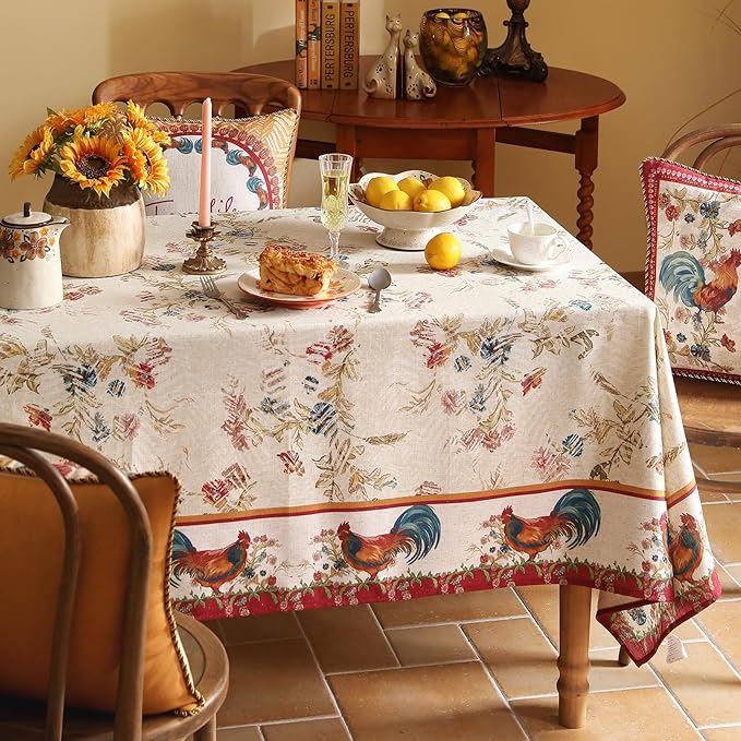 patdrea Designer Vintage Red Rectangle Tablecloth,French Linen Animals Pattern Tablecloths,Decoration Floral Table Cover for Kitchen Dining Christmas,Party,Thanksgiving,55"x87"-Townlife E