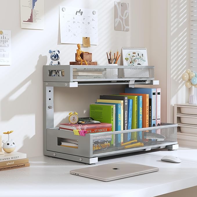 2 Pack 17IN Depth Under Sink Storage Organizer, Large 2-Tier Elegant Mesh Pull Out Shelf for Kitchen and Bathroom Cabinet Organization, L-Shaped and Adjustable Height Design-Gun Gray