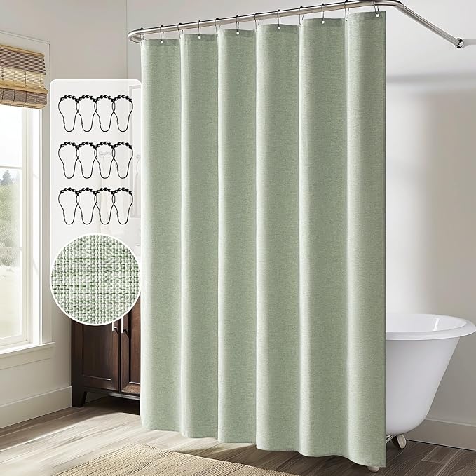 MIULEE Spring Linen Shower Curtain with 12 Metal Hooks Modern Heavy Duty Washable Fabric Curtain Set Waterproof Thick Cloth Shower Curtains for Bathroom Hotel Bathtub, W72*L80, Light Sage Green