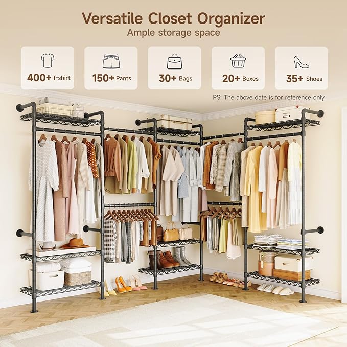 U5 Wall Mounted Closet System, Industrial Pipe Clothing Rack Garment Racks for Hanging Clothes, Heavy Duty Closet Organizers System in Wardrobe Closet, Black