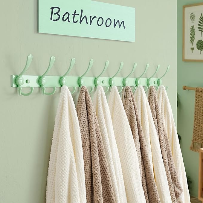 Dseap MaxStrong 2.0 Coat Rack Wall - 37” Long 10 Tri Hooks - Ultra Heavy-Duty Stainless Steel Wall Mount Coat Hanger, Hook Rail for Clothes Hats Jacket Towels Green, Pack of 2