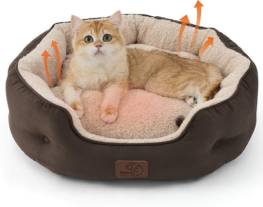Bedsure Self Warming Cat Bed - Round Cat Beds for Indoor Cats, Washable Pet Bed for Puppy and Kitten with Slip-Resistant Bottom, 20 Inches, Self Warming Brown, Non-Electric