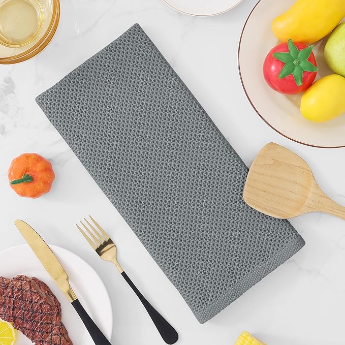 Homaxy 100% Cotton Waffle Weave Kitchen Dish Towels, Ultra Soft Absorbent Quick Drying Cleaning Towel, 13 x 28 Inches, 4-Pack, Grey