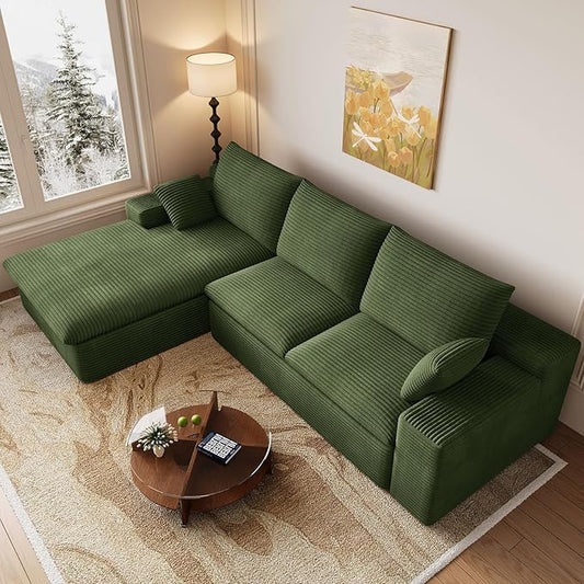 107 Inch Cloud Sectional Couch, Modern Modular Sectional Sofa with Deep Seat, Corduroy Boneless Couches with L-Shape Chaise for Living Room Bedroom, No Assembly Required (Green, Left Facing Chaise)