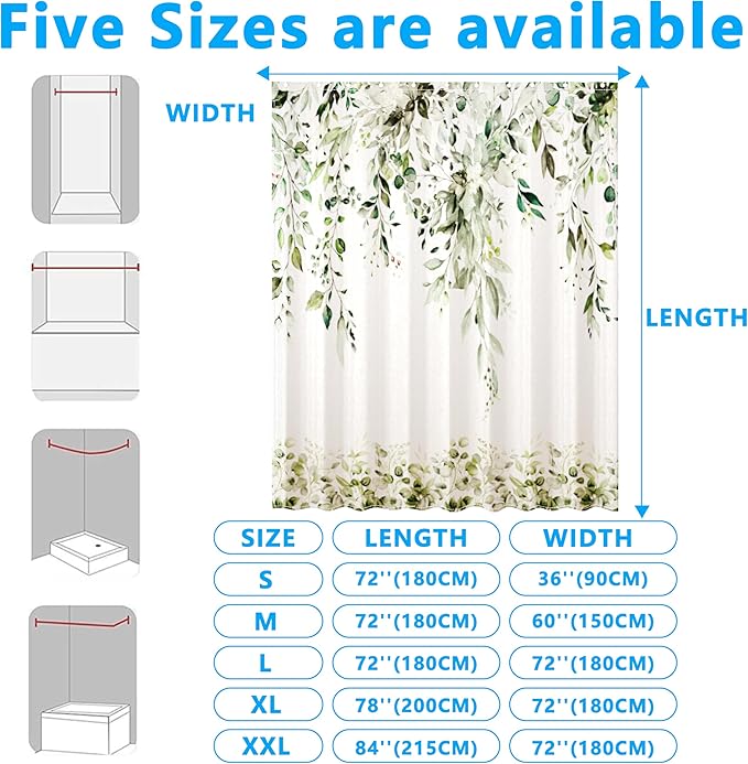 Olive Green Eucalyptus Leaves Shower Curtain for Bathroom:Aesthetic Art Watercolor Plant Shower Curtains Sets with Hooks,Waterproof Fabric Decor 60x72 inches.