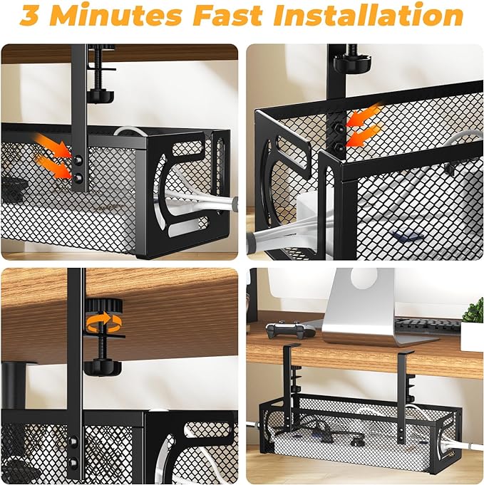 Under Desk Cable Management Tray, 15.7'' No Drill Steel Desk Cable Organizers, Wire Management Tray Cable Management Rack (1 Pack-Black)