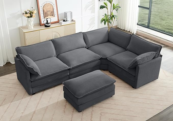 ROWHY 113'' Modular Sectional Cloud Corner Couch, 5 Seater L Shape Sofa Big Comfy Corduroy Oversized Couch with 2 Pillows Movable Ottoman, Deep Seat Sectional Couches for Living Room Office Dark Grey