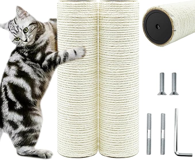 Cat Tree Replacement Post, 2 Pack 9.84in (Connectable to 19.7in/50cm) Cat Scratching Post with M8 Screws, Natural Sisal Cat Tower Parts for Cat Tree Repair