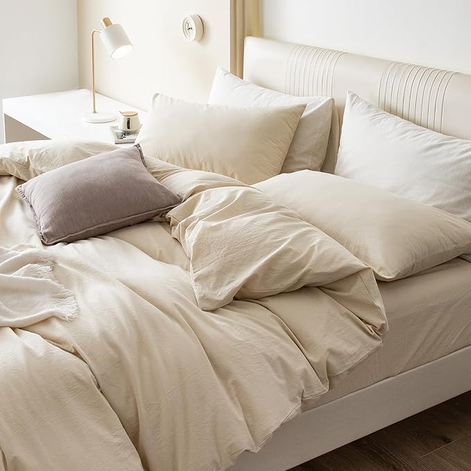 JIYUAN 100% Washed Cotton Duvet Cover Set 3 PCS Oversized King Plus, 1 Duvet Cover 128"x120"(Comforter Not Included) and 2 Pillowcases,Linen Feel Bedding Set Comfy and Breathable,Heathered Beige