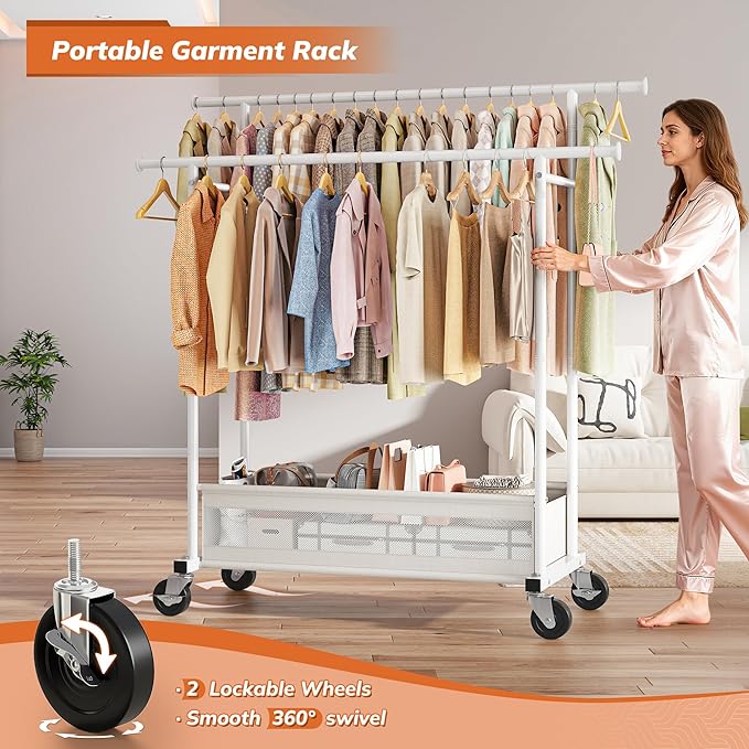 Clothes Rack, Double Rod Clothing Rack with Storage Bag & Sturdy Wheels, Metal Garment Rack for Closet Organizers and Storage, 43.3" W×17.7" D×63" H