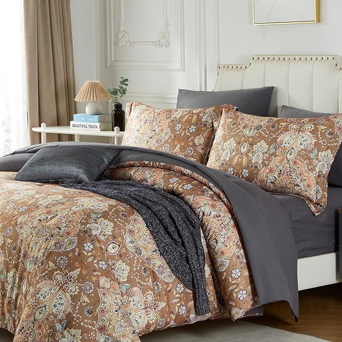 Cupocupa Duvet Cover King Size Set Boho Floral Pattern King Duvet Cover Set for King Size Bed Vintage Soft Bedding Leaf 100% Polyester Print Paisley Duvet Cover with Pillowcases