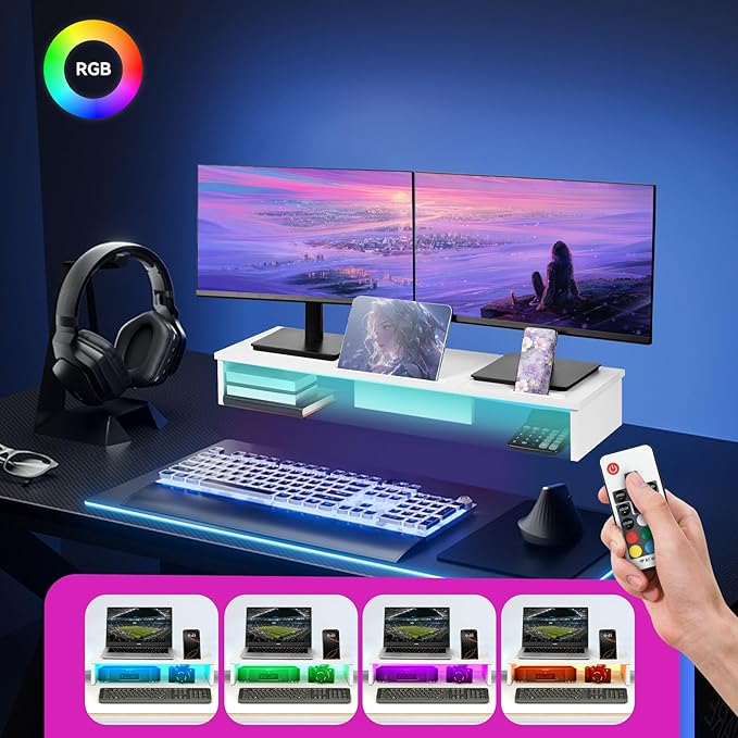 Dual Monitor Stand Riser with LED Lights and Phone Tablet Holder, 35.8in Large Monitor Stand for Desk, Computer Monitor Stand for 2 Monitors, Desktop Shelf Organizer for Laptop, Printer, TV