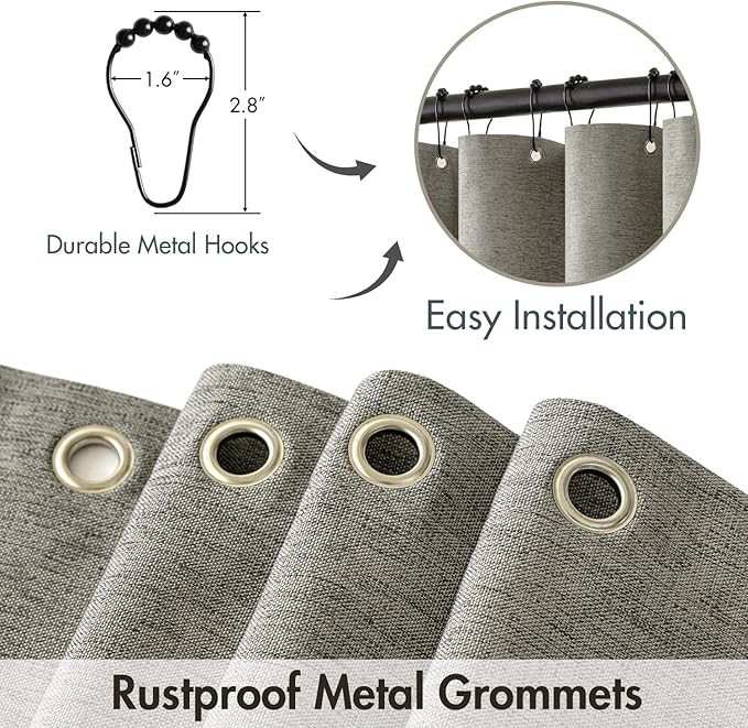 MIULEE Linen Shower Curtain with 12 Metal Hooks Modern Heavy Duty Washable Fabric Shower Curtain Set Waterproof Thick Cloth Shower Curtains for Bathroom Hotel Bathtub, W72*L78, Grey