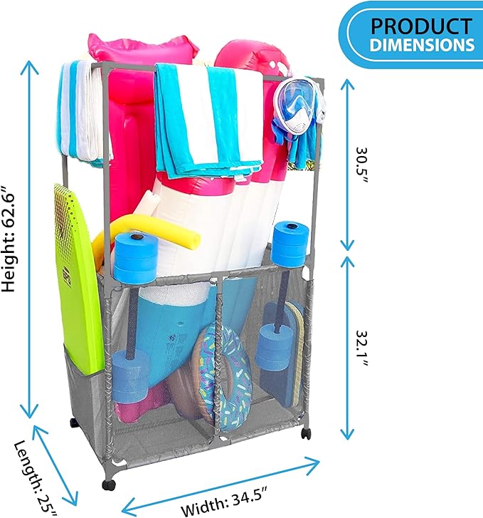 Pool Equipment Holder with Towel Drying Bars, Mesh Rolling Multi Use Storage Organizer Bin, Large Towel Hanger (25" L x 34.5" W x 62.6" H), Gray