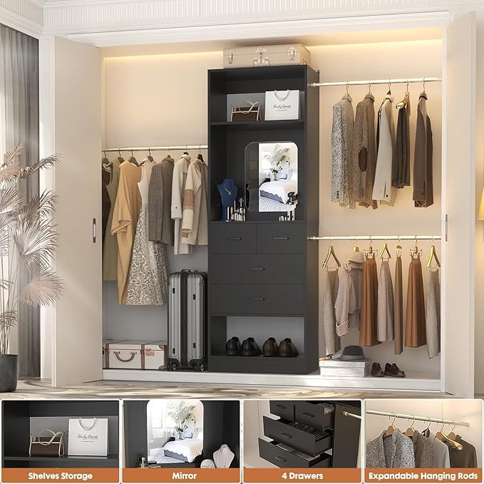 Unikito 96” W Closet Systems, Adjustable 8FT Walk in Closet Organizer Starter Kit with 25” Tower and 3 Hanging Rods, Sturdy Garment Rack with 4 Drawers and Mirror, 96" W x 16" D x 80" H, Black