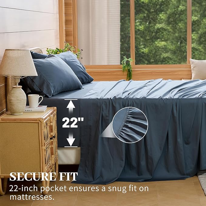 Bedlifes Deep Pocket Sheets 18-24 Inch, King Size Egyptian Cotton 1000 Thread Count, 4-Piece - Fits Extra Thick Mattresses, Cooling & Breathable (Lake Blue)