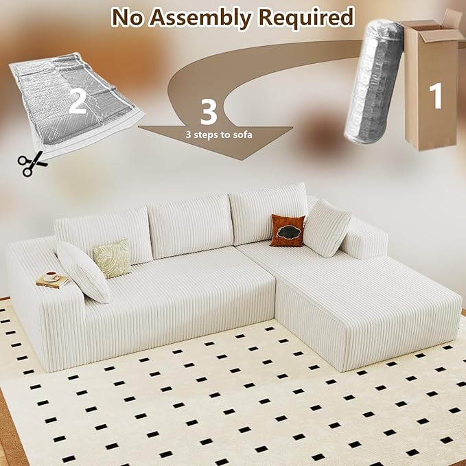 96" Modular Sectional Couch, Boneless L Shaped Cloud Sofa with Chaise Lounge, Corduroy Upholstered Couches Memory Foam Deep Seat, No Assembly Required, Ideal for Living Room(White, Right Facing)