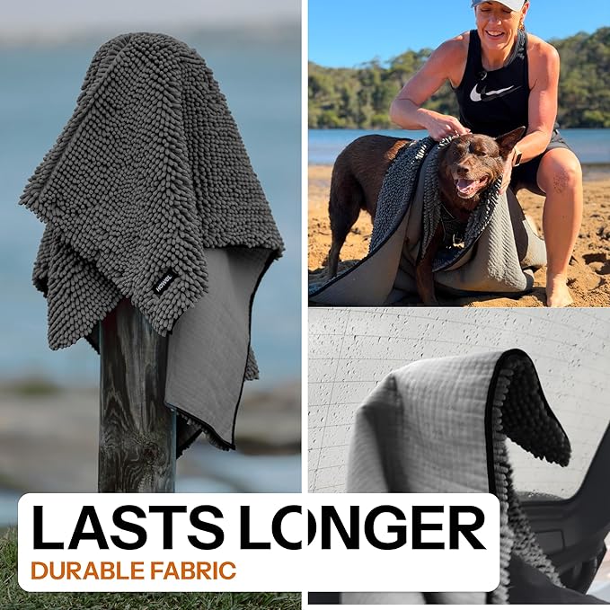 Throw Down Towel for Drying Dogs, 43" x 35", Ultra Absorbent Microfiber, Quick-Drying, Double-Sided Suede Chenille, Machine Washable, Soaks Over 2L, Grey Dog Bath Mat Towel