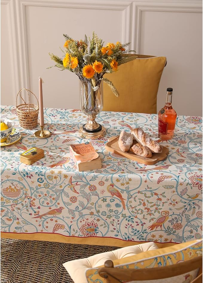 patdrea Designer Vintage French Rectangular Tablecloth,Floral Birds Pattern Linen Table Cloth,Fall Yellow Decor Table Cover for Kitchen Dining Banquet,Christmas,Thanksgiving,55"x79"-Magnolia