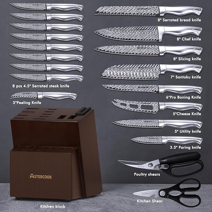 Knife Set, Astercook 21 Pieces Kitchen Knife Set with Built-in Sharpener, German Stainless Steel Knife Block Set, Razor-Sharp Knives with Full-tang Handle, Dishwasher Safe, Silver