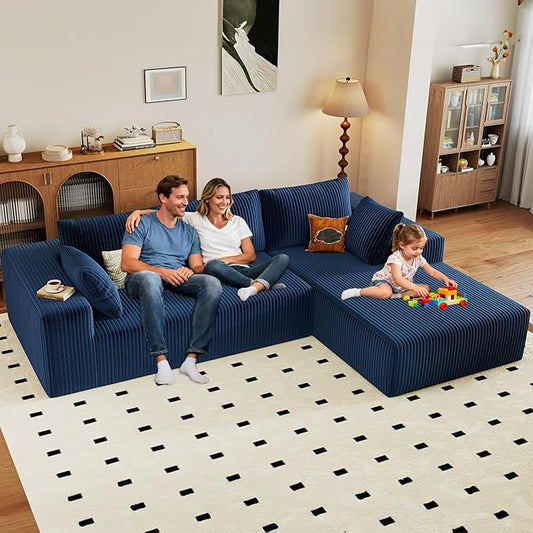 96" Modular Sectional Couch, Boneless L Shaped Cloud Sofa with Chaise Lounge, Corduroy Upholstered Couches Memory Foam Deep Seat, No Assembly Required, Ideal for Living Room(Blue, Right Facing)