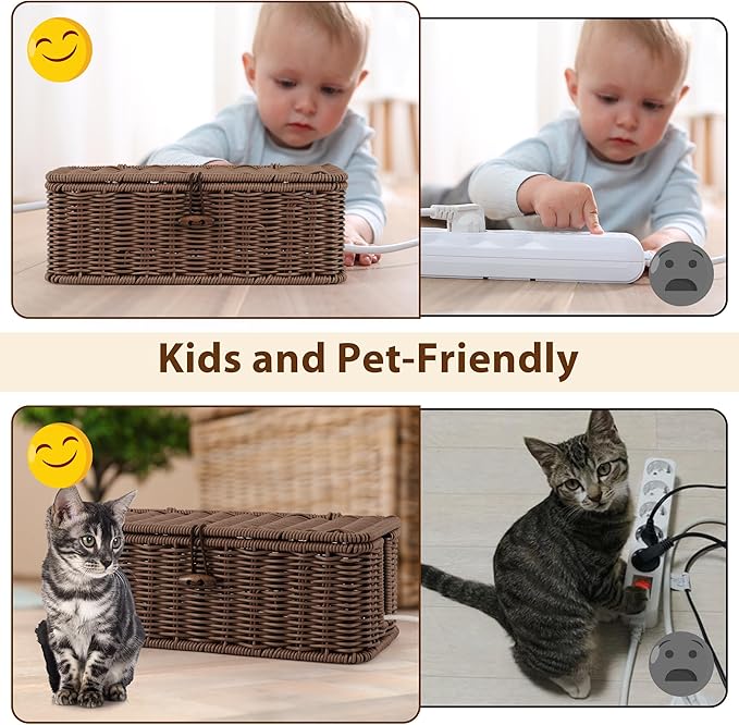 Cable Management Box, Handwoven Faux Rattan Cord Organizer Box with Lid, 2 Open Slots Cable Organizer Box, Decorative Cord Hider Box for Tv Computer USB Hub & Power Strip Holder