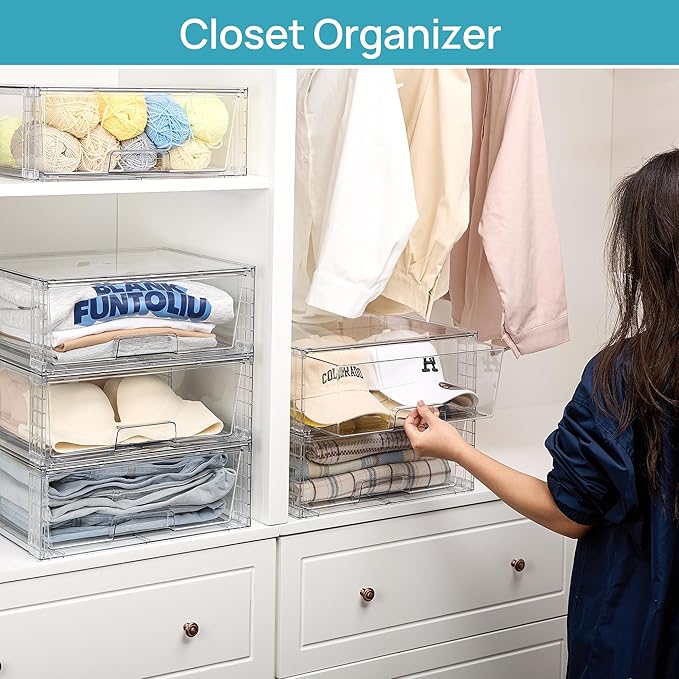 Vtopmart 6 Pack Large Stackable Storage Drawers,Easily Assemble Acrylic Bathroom Closet Undersink Organizers and Storage,Plastic Storage Bins for Kitchen Cabinets,Pantry,Makeup,Medicine Organization