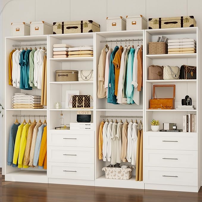Closet System of 4 Sets with 6 Drawers & 8 Shelves & 8 Hanging Rods, 8FT-20FT Closet Organizer System, Walk in Closet, Modular Closet System White ( 8FT)