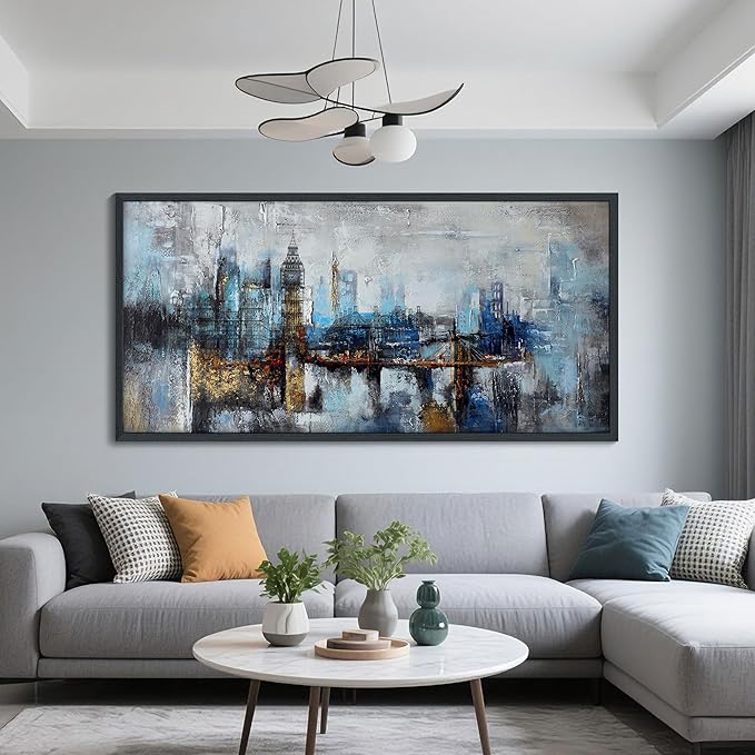 Large Wall Art for Bedroom Abstract City View Canvas Art Gray Blue Buildings Prints for Bedroom Wall Art Office Artwork Wall Decor for Living Room Decor 29x58 inches Black Framed