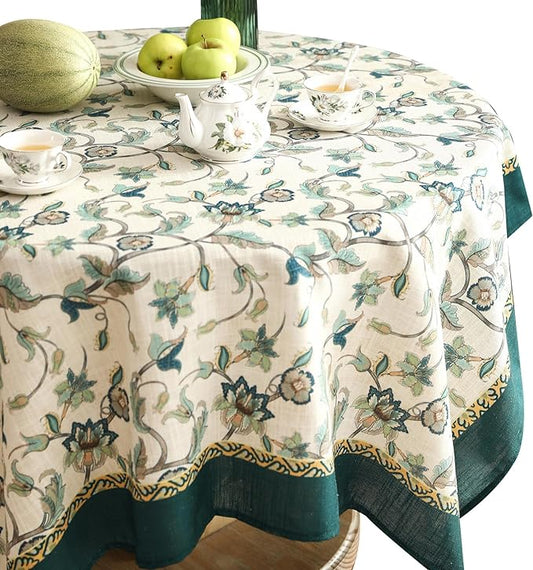 patdrea Designer Linen Vintage Round Table Cloth,Vintage Green Floral Pattern Durable Tablecloth,Table Cover Decor for Kitchen Dining,Parties,Christmas,Thanksgiving,Party,Diameter 55"-Noah