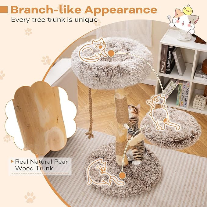 Tangkula Solid Wood Cat Tree, Modern Cat Tower with Scratching Post, Luxurious Perch & Platform, Teasing Rope, Natural Pear Wood, Soft Long Plush, Cute Cat Tree for Indoor Kittens