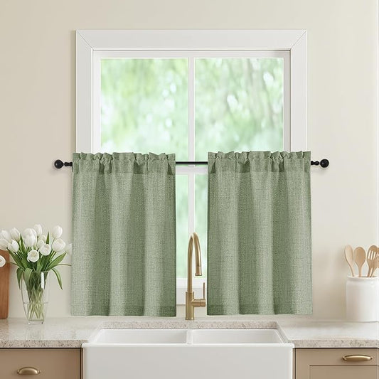 Sage Green Kitchen Curtains 30 Inch Length 2 Panels, Light Filtering Farmhouse Linen Textured Small Short Curtains Over Sink, Half Curtain Tiers for Cabinet Bathroom Cafe Basement, 30"Wx30"L